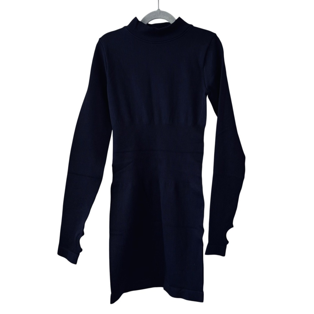 OQQ Black Ribbed Mini Dress Small Mock Neck Bodycon Long Sleeve Thumbhole Dark